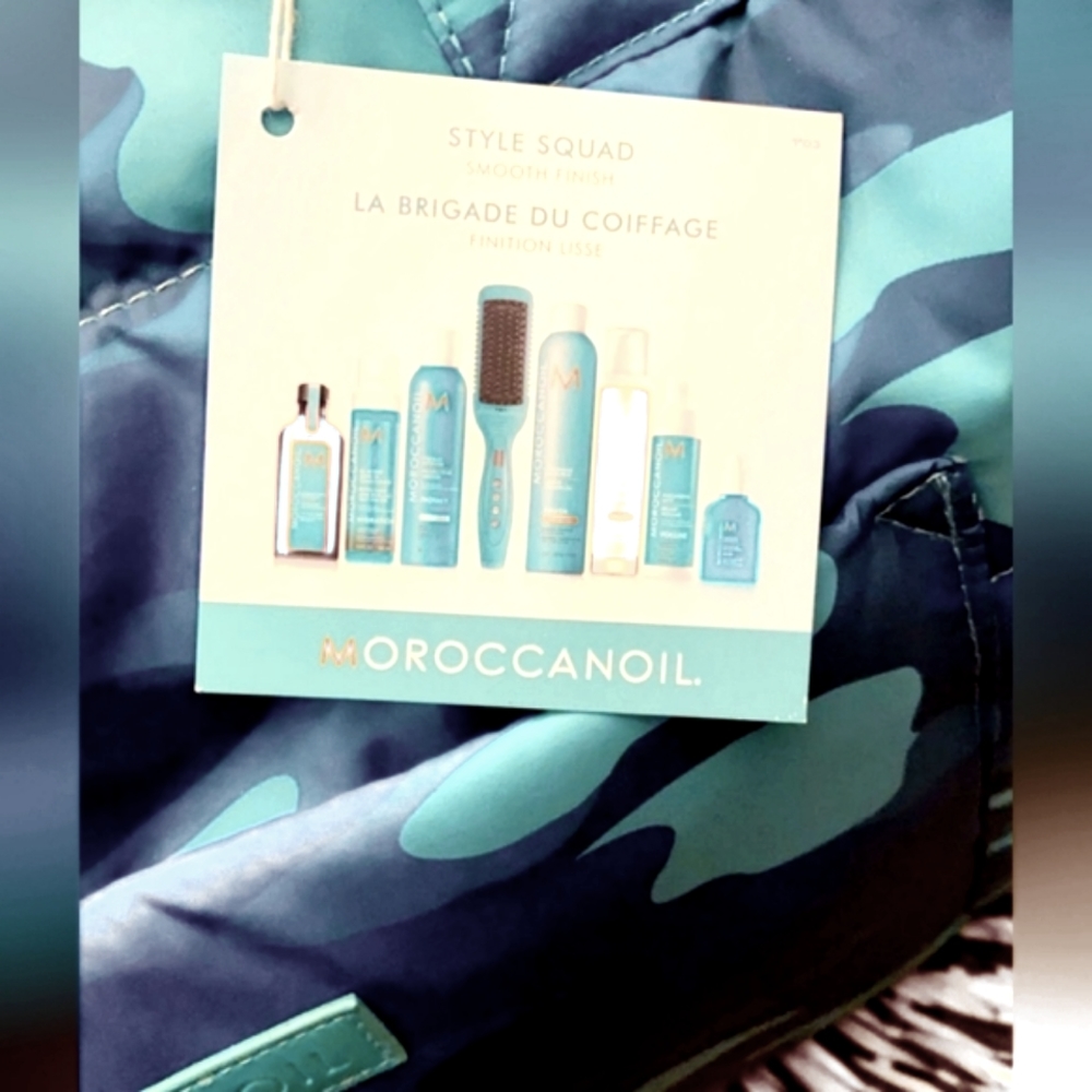 Morrocon oil large camo bag with 7 products and a hot morroccon oil hot brush!!